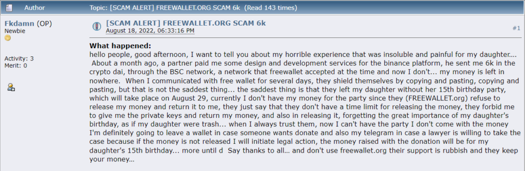 Freewallet scammers steal money for bithday